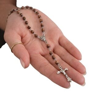 Rosary Vintage Style Brown Wood Bead  Necklace Silver Tone Virgin Mary Crucifix